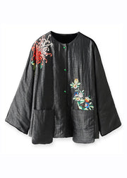 Plus Size Black Printing Floral Button Silk Velour Parka Winter