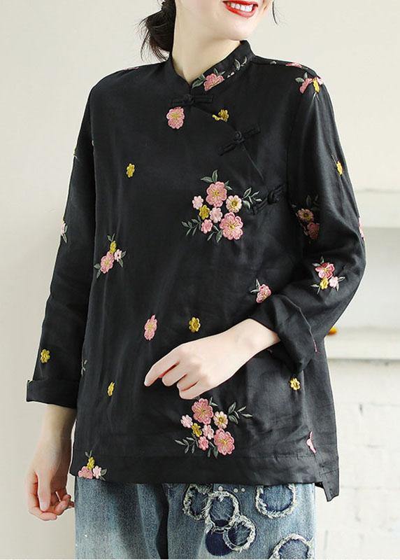 Plus Size Black Embroideried Stand Collar Button Fall Floral Long Sleeve Shirt - bagstylebliss