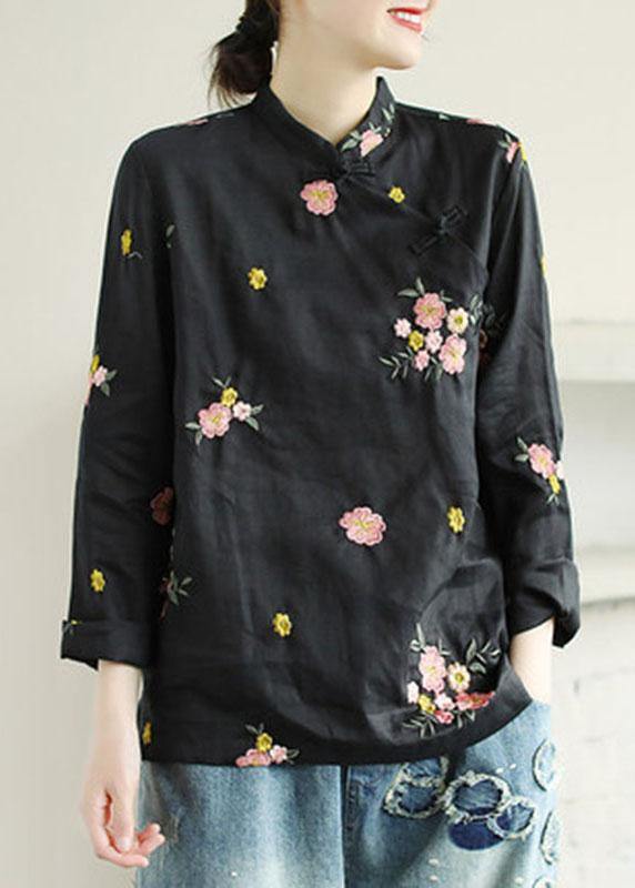 Plus Size Black Embroideried Stand Collar Button Fall Floral Long Sleeve Shirt - bagstylebliss