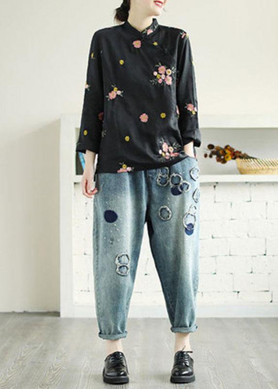 Plus Size Black Embroideried Stand Collar Button Fall Floral Long Sleeve Shirt - bagstylebliss