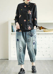 Plus Size Black Embroideried Stand Collar Button Fall Floral Long Sleeve Shirt - bagstylebliss