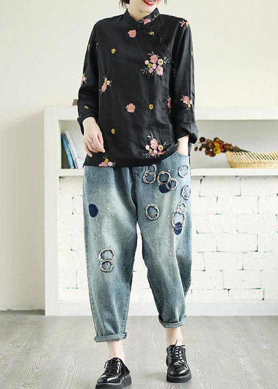 Plus Size Black Embroideried Stand Collar Button Fall Floral Long Sleeve Shirt - bagstylebliss