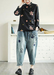 Plus Size Black Embroideried Stand Collar Button Fall Floral Long Sleeve Shirt - bagstylebliss