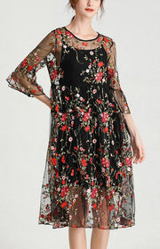 Plus Size Black Embroidery Lace Dress Half Sleeve Women Sets 2 Pieces - bagstylebliss