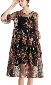 Plus Size Black Embroidery Lace Dress Half Sleeve Women Sets 2 Pieces - bagstylebliss