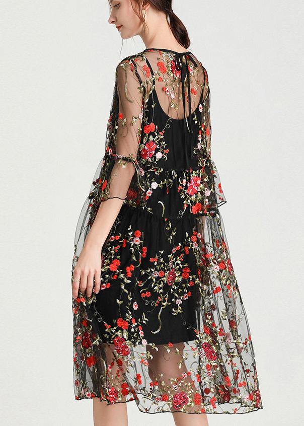 Plus Size Black Embroidery Lace Dress Half Sleeve Women Sets 2 Pieces - bagstylebliss