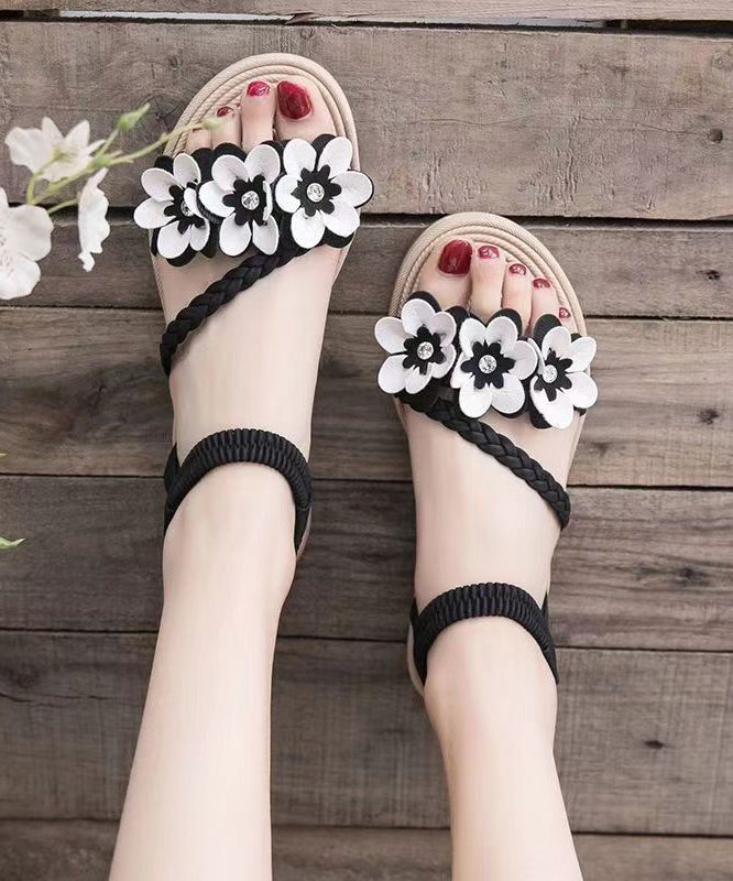 Plus Size Black Flat Sandals Peep Toe Soft Splicing Floral