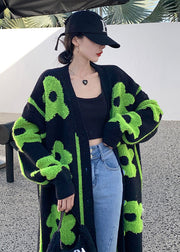 Plus Size Black Green Floral print Knit coats Spring