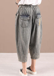 Plus Size Black Grey Elastic Waist Embroideried Jeans Pants - bagstylebliss