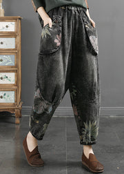 Plus Size Black Grey Pockets Print Patchwork Denim Pants Fall