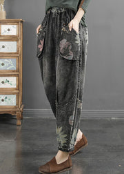 Plus Size Black Grey Pockets Print Patchwork Denim Pants Fall