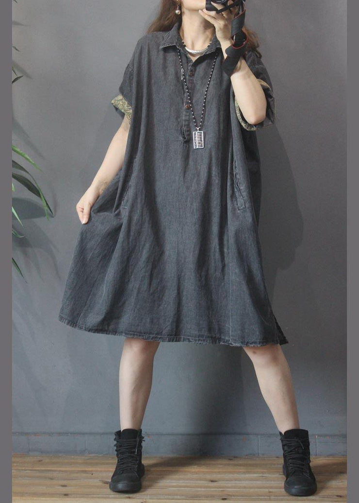 Plus Size Black Grey Turn-down Collar  Button Summer Maxi Dresses - bagstylebliss