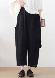 Plus Size Black High waist Pockets Linen Wide Leg Pants Summer