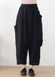 Plus Size Black High waist Pockets Linen Wide Leg Pants Summer