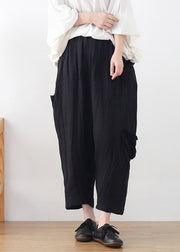 Plus Size Black High waist Pockets Linen Wide Leg Pants Summer