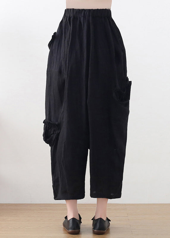 Plus Size Black High waist Pockets Linen Wide Leg Pants Summer