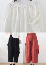 Plus Size Black High waist Pockets Linen Wide Leg Pants Summer