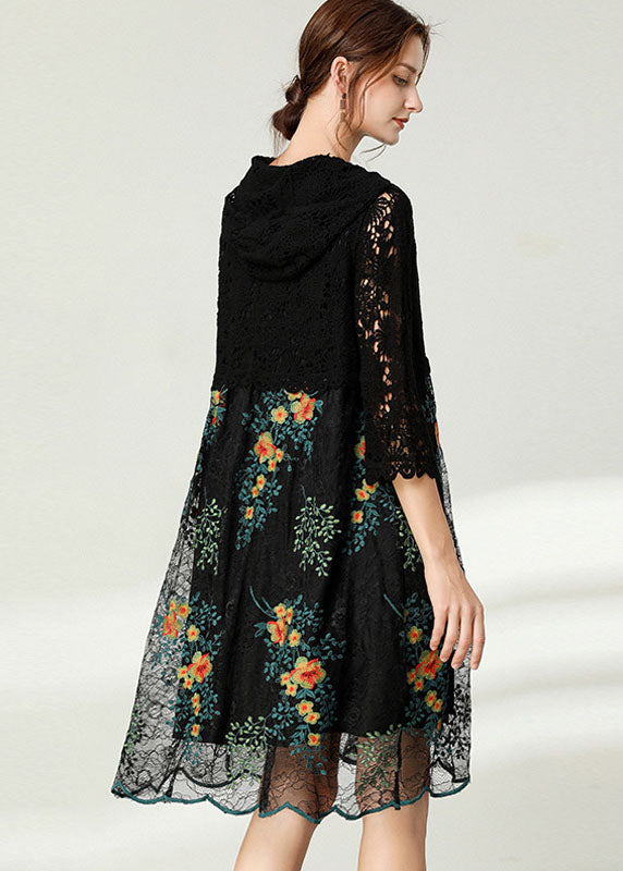 Plus Size Black Hooded Patchwork Lace Dress Spring