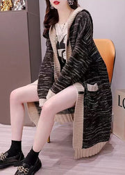 Plus Size Black Hooded Striped Warm Knit Long Cardigans Spring