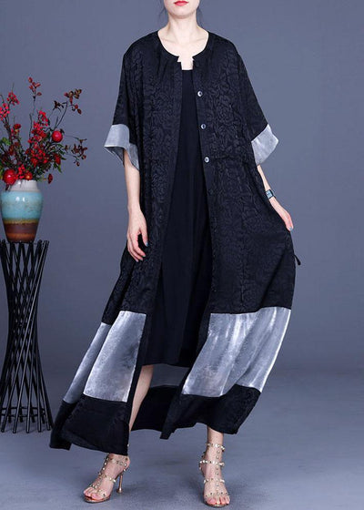 Plus Size Black Jacquard Patchwork Silk Cardigans Long - bagstylebliss
