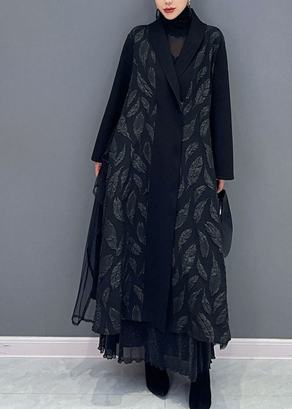 Plus Size Black Notched Tulle Patchwork Maxi Cardigans Long Sleeve