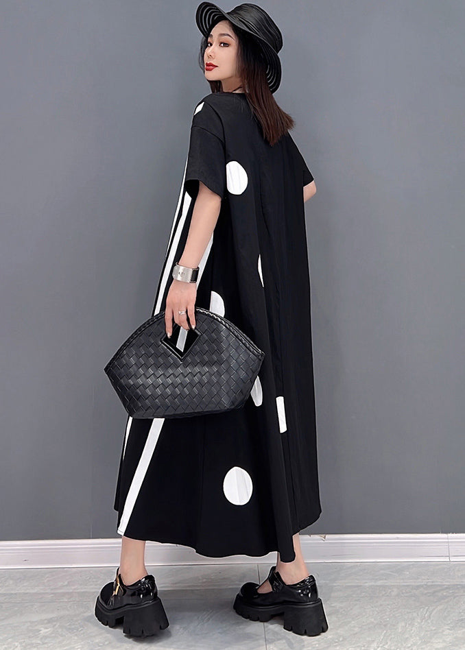 Plus Size Black O-Neck Asymmetrical Cotton Maxi Dresses Short Sleeve