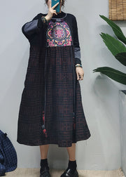 Plus Size Black O-Neck Embroideried Patchwork Jacquard Long Dress Long Sleeve