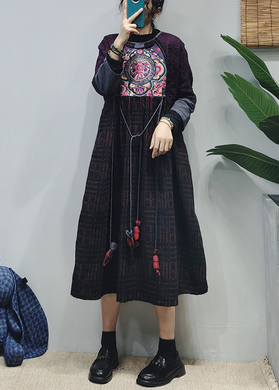 Plus Size Black O-Neck Embroideried Patchwork Jacquard Long Dress Long Sleeve