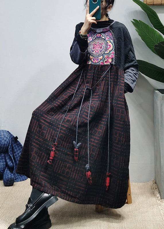 Plus Size Black O-Neck Embroideried Patchwork Jacquard Long Dress Long Sleeve