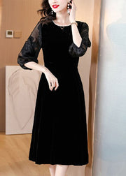 Plus Size Black O-Neck Embroidered Tulle Patchwork Silk Maxi Dresses Fall