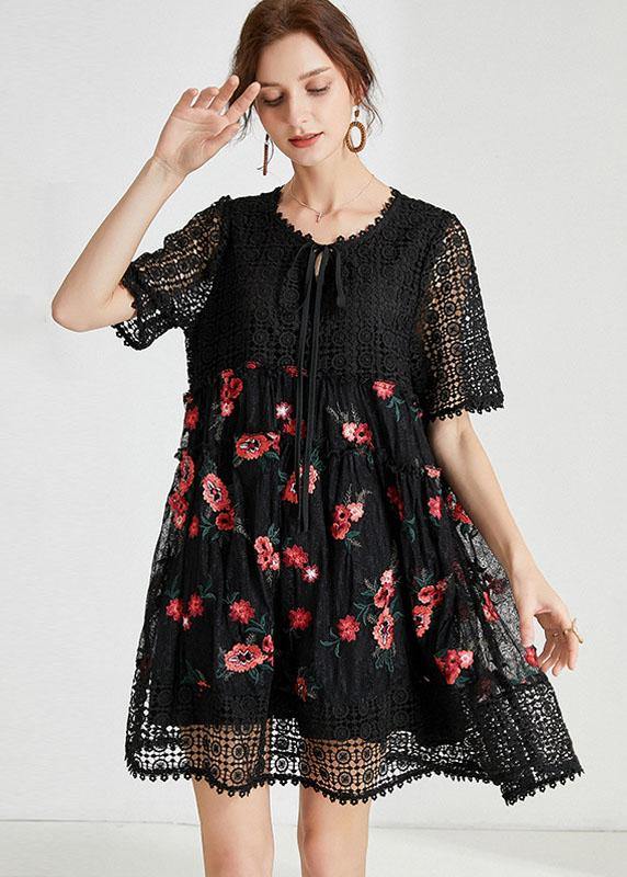 Plus Size Black O-Neck Patchwork Summer Lace Holiday Dress - bagstylebliss