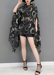 Plus Size Black O-Neck Print Chiffon Dress Batwing Sleeve