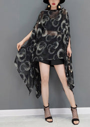 Plus Size Black O-Neck Print Chiffon Dress Batwing Sleeve