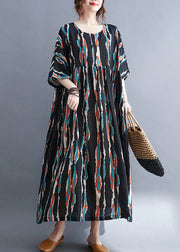 Plus Size Black O-Neck Print Long Dresses Half Sleeve