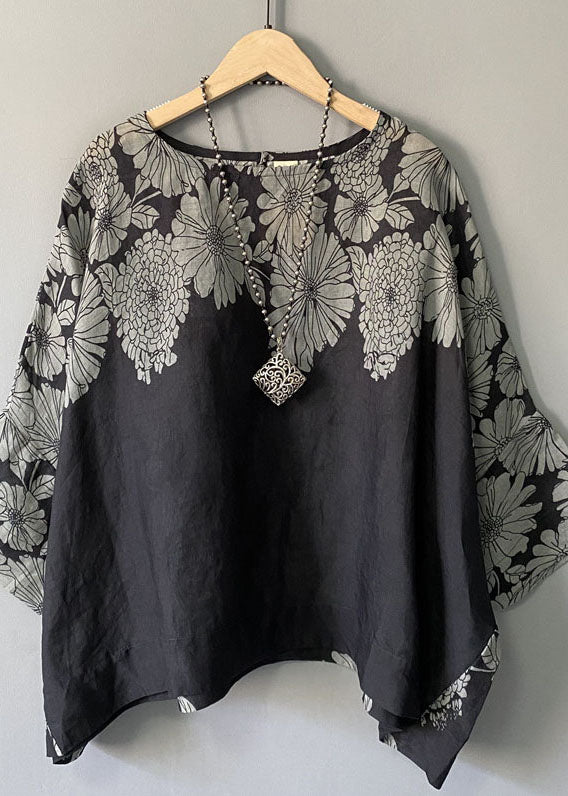 Plus Size Black O Neck Print Patchwork Cotton Blouse T Shirt Summer