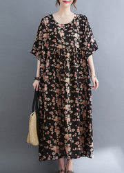 Plus Size Black O-Neck Print Pockets Extra large hem Long Dress Summer