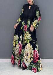 Plus Size Black O-Neck Print Wrinkled Long Dress Long Sleeve