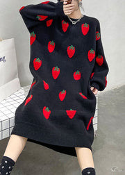 Plus Size Black O-Neck Print cozy Winter Knit Dress