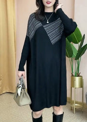 Plus Size Black O-Neck Striped Patchwork thick Knit Mid Dress Long Sleeve