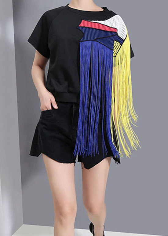 Plus Size Black O-Neck Tassel Tank Tops Spring