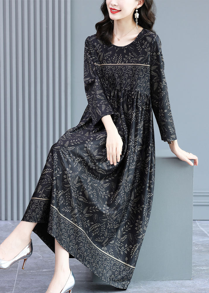 Plus Size Black O-Neck Wrinkled Print Silk Long Dress Long Sleeve