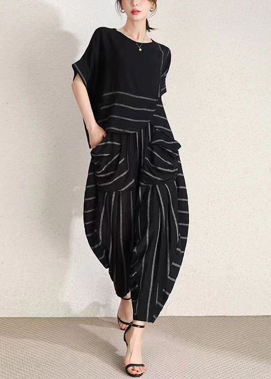 Plus Size Black O-Neck Wrinkled Striped Cotton Two-Piece Set Summer