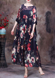 Plus Size Black O-Neck wrinkled Print Chiffon Beach Dress Two Pieces Set Summer