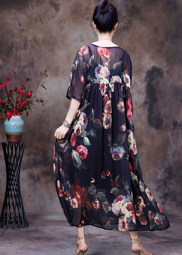 Plus Size Black O-Neck wrinkled Print Chiffon Beach Dress Two Pieces Set Summer