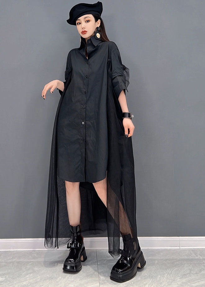 Plus Size Black Original Design Peter Pan Collar Tulle Patchwork Cotton Shirt Dresses Long Sleeve