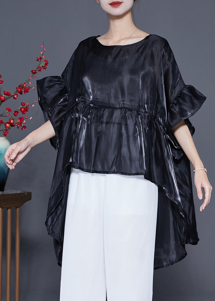 Plus Size Black Oversized Patchwork Silk Shirt Top Summer