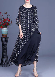 Plus Size Black Patchwork Dot Summer Silk Sundress Half Sleeve - bagstylebliss