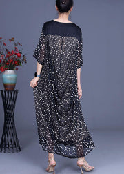 Plus Size Black Patchwork Dot Summer Silk Sundress Half Sleeve - bagstylebliss