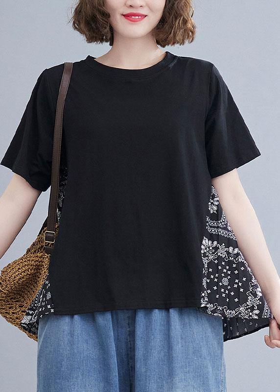 Plus Size Black Patchwork Print O-Neck Cotton Tops Summer - bagstylebliss