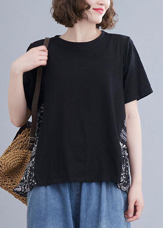 Plus Size Black Patchwork Print O-Neck Cotton Tops Summer - bagstylebliss